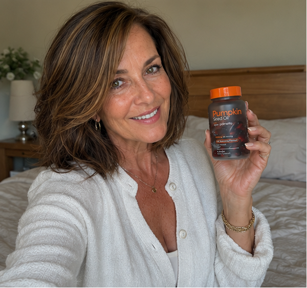 Pumkin customer holding the daily hair support bottle
