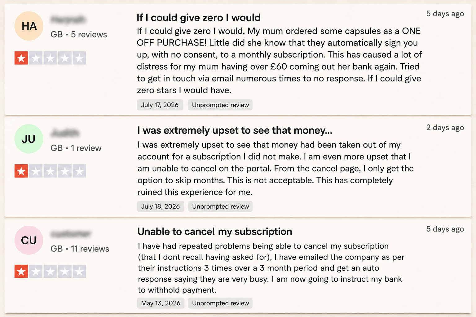 Three anonymised reviews describing hidden subscriptions, surprise rebills and difficult cancellation